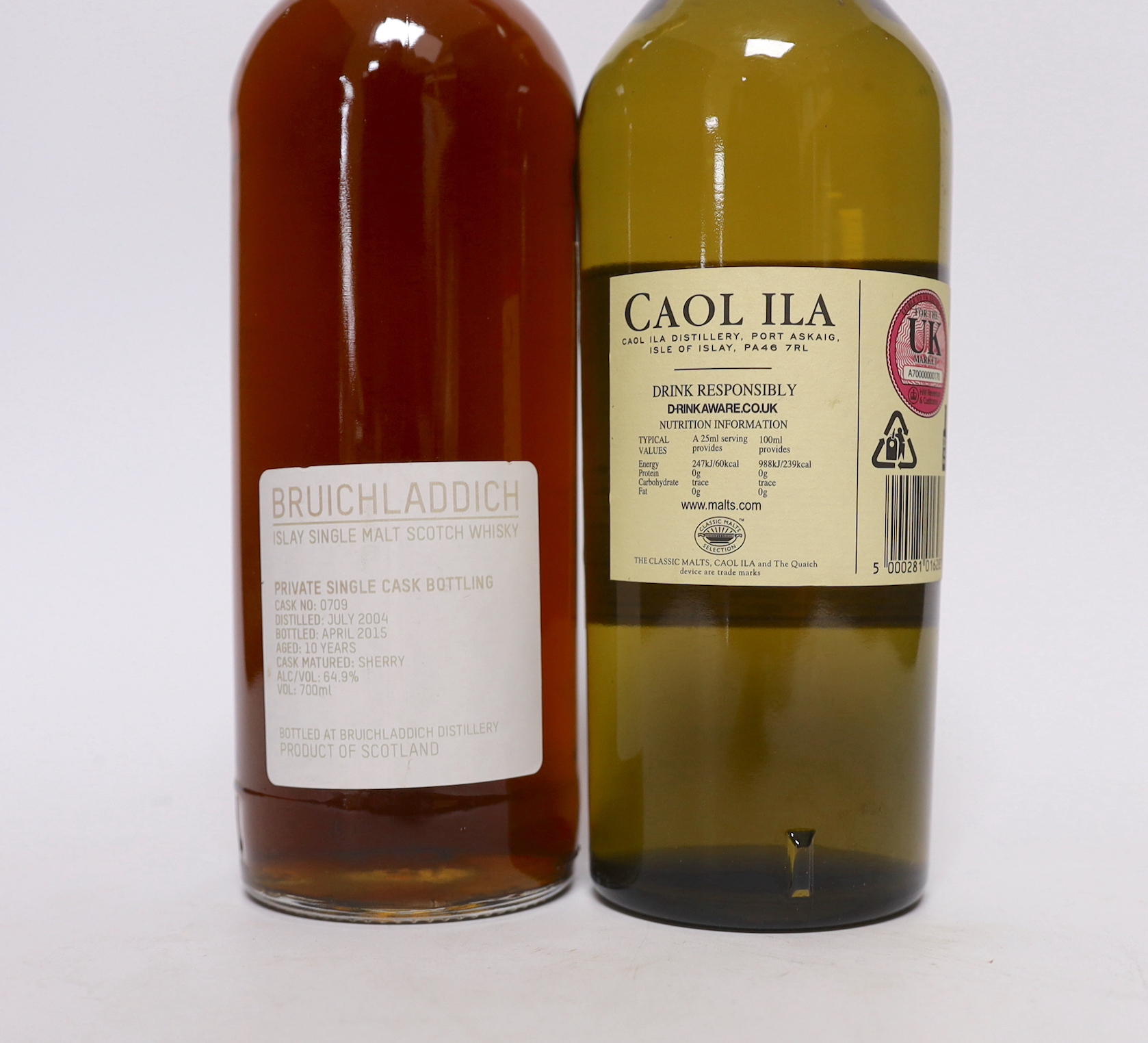 A bottle of Caol Ila 12 year old malt whisky and a bottle of Bruichladdich Islay single malt, private single cask bottling, bottled 2015